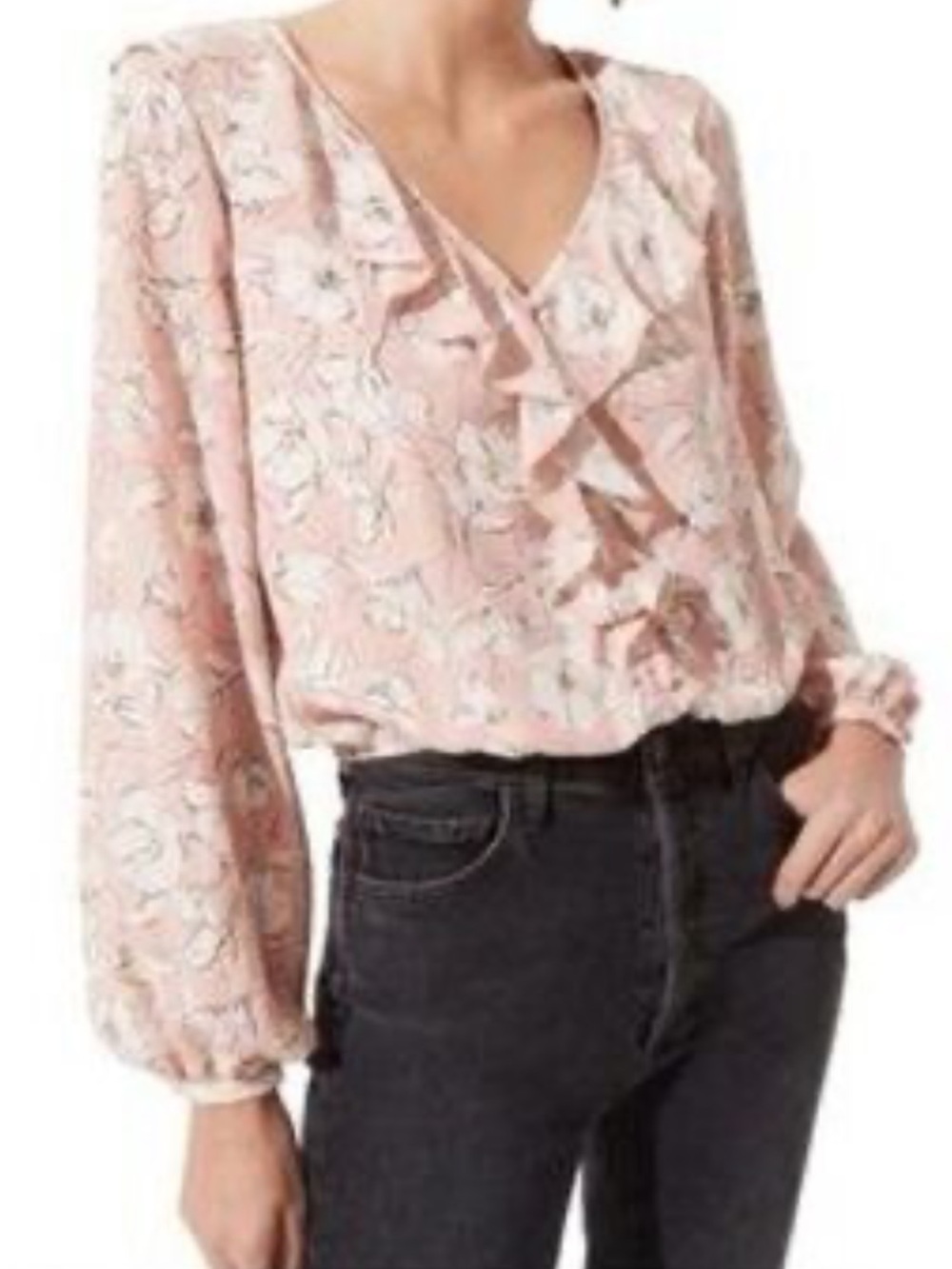 Astr Pink Floral Ruffle V-Neck Long Sleeve Blouse